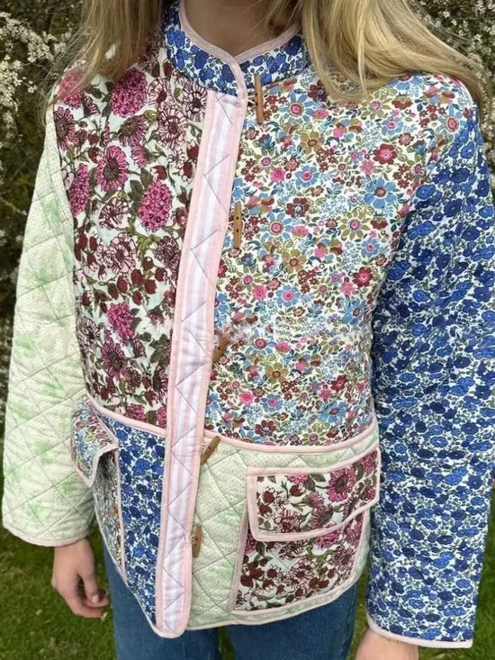 Giacca imbottita donna vintage patchwork floreale – Cappotto cotone con imbottitura, stile casual e warm streetwear