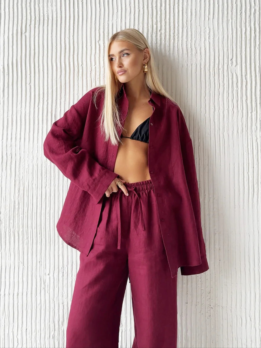 Completo da donna – camicia colletto revers e pantaloni elasticizzati casual-cozy