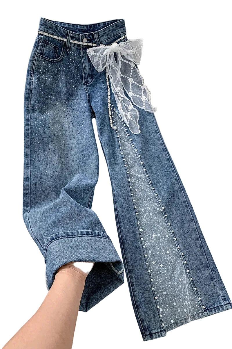Jeans Donna Wide Leg con Pizzo, Perle e Cristalli
