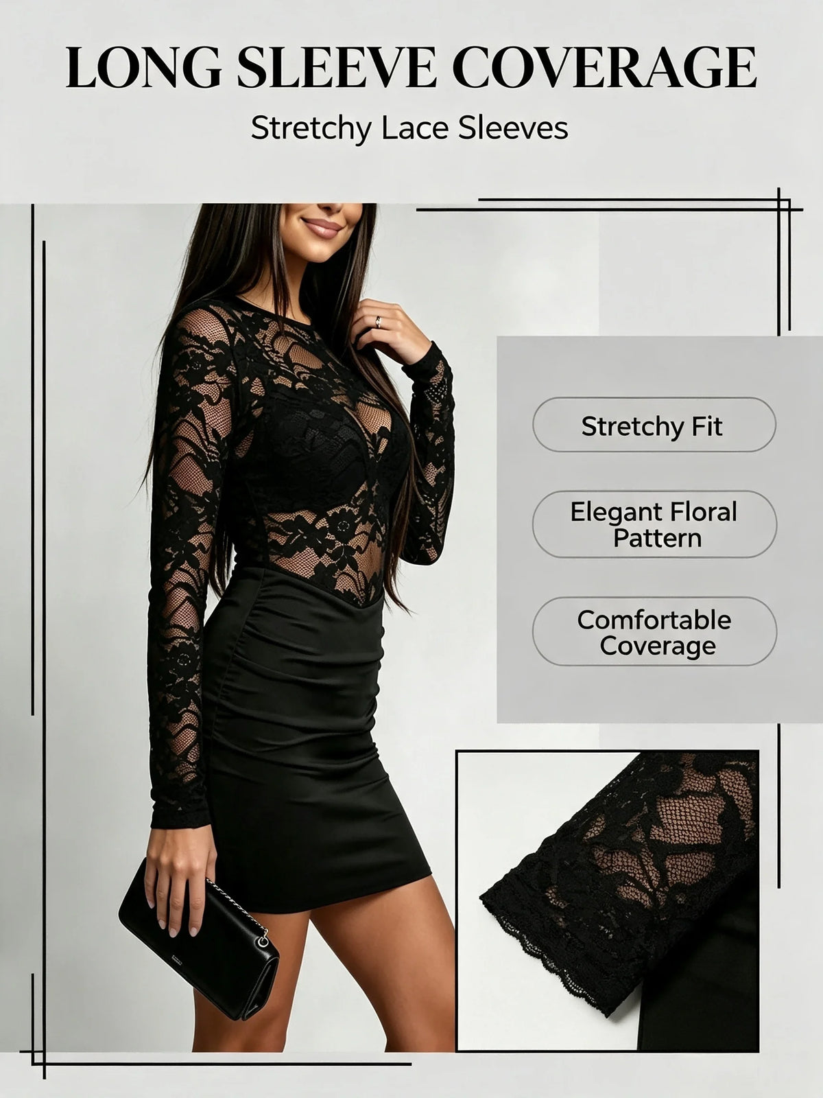 Vestito nero in pizzo aderente con maniche lunghe