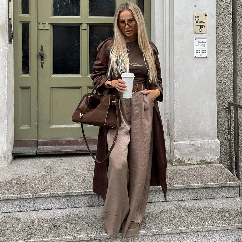 Completo donne 2025 – Pantaloni vita alta largo + body + top in coordinato con cintura inclusa