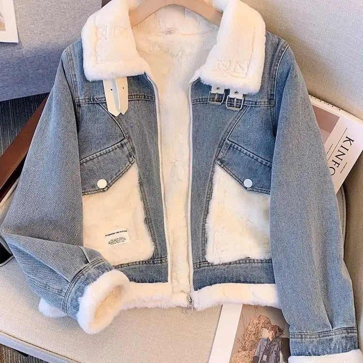 Giacca denim imbottita con pile fissato 2025 – giubbotto baggy da donna con colletto alto e interno caldo