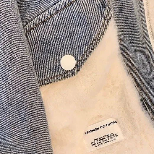 Giacca denim imbottita con pile fissato 2025 – giubbotto baggy da donna con colletto alto e interno caldo