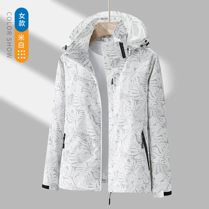 Giacca running donna con stampa foglia, cappuccio staccabile – antivento, waterproof e versatile per hiking