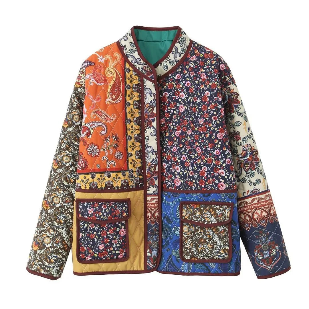 Giacca imbottita donna vintage patchwork floreale – Cappotto cotone con imbottitura, stile casual e warm streetwear