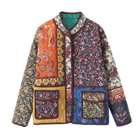 Giacca imbottita donna vintage patchwork floreale – Cappotto cotone con imbottitura, stile casual e warm streetwear