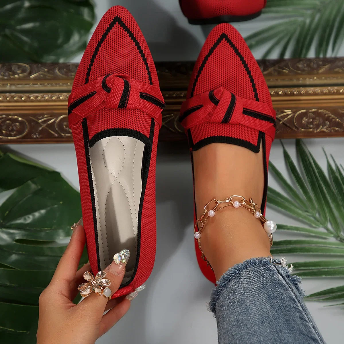 Ballerine Donna – Scarpe Slip-On Traspiranti in Maglia a Punta con Nodo Decorativo