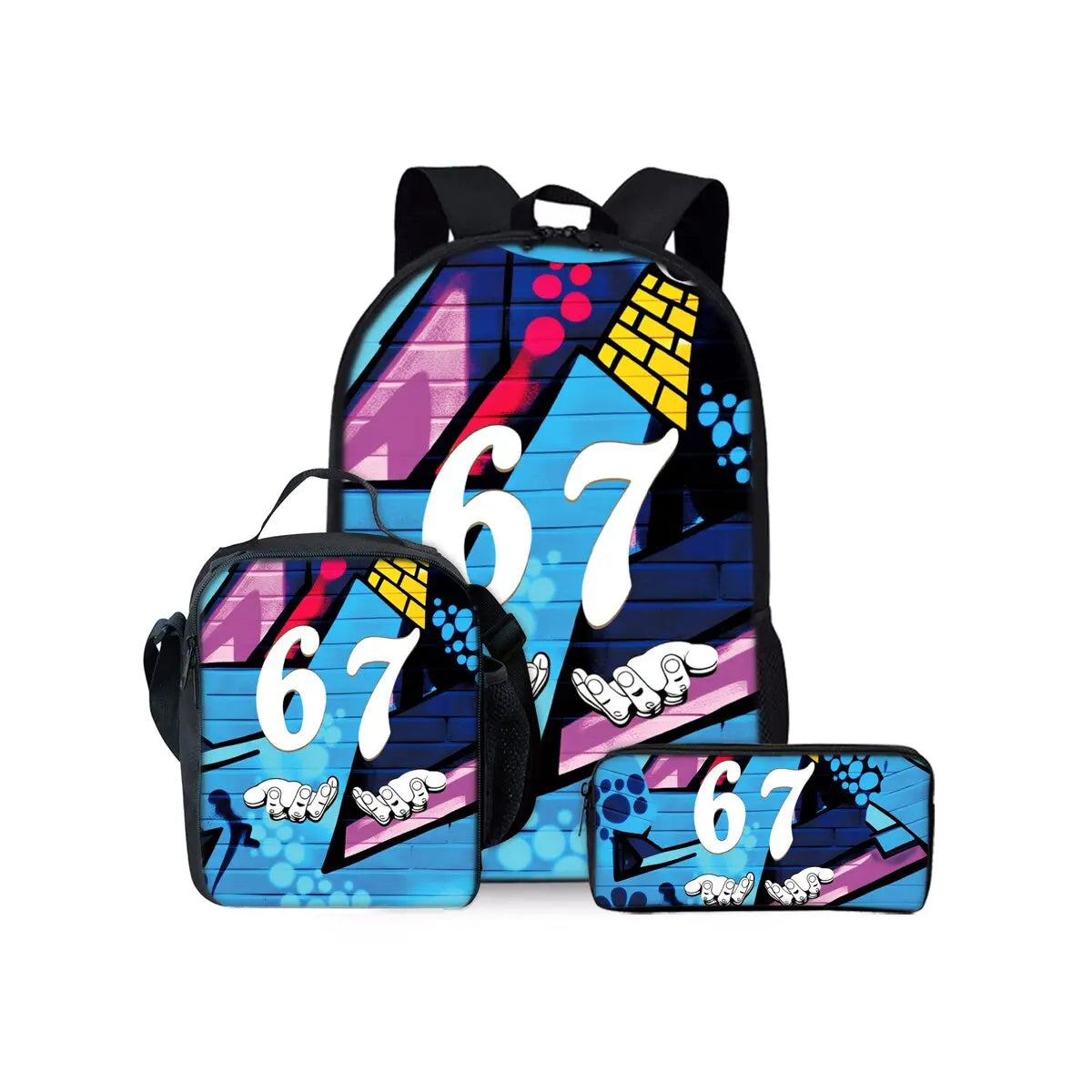 New Colorful Number 67 Print Three Piece Set Backpacks for Boy and Girls Best Gifts 2D Flat Cartoon School Bag for Children