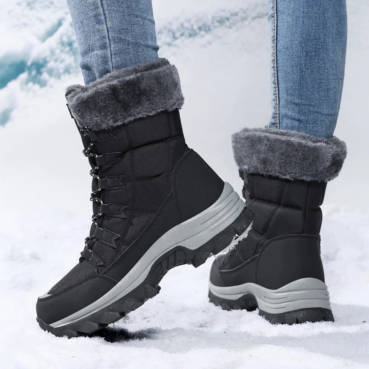 Stivali donna invernali impermeabili con fodera in pile – boots outdoor lace-up hi-top per neve