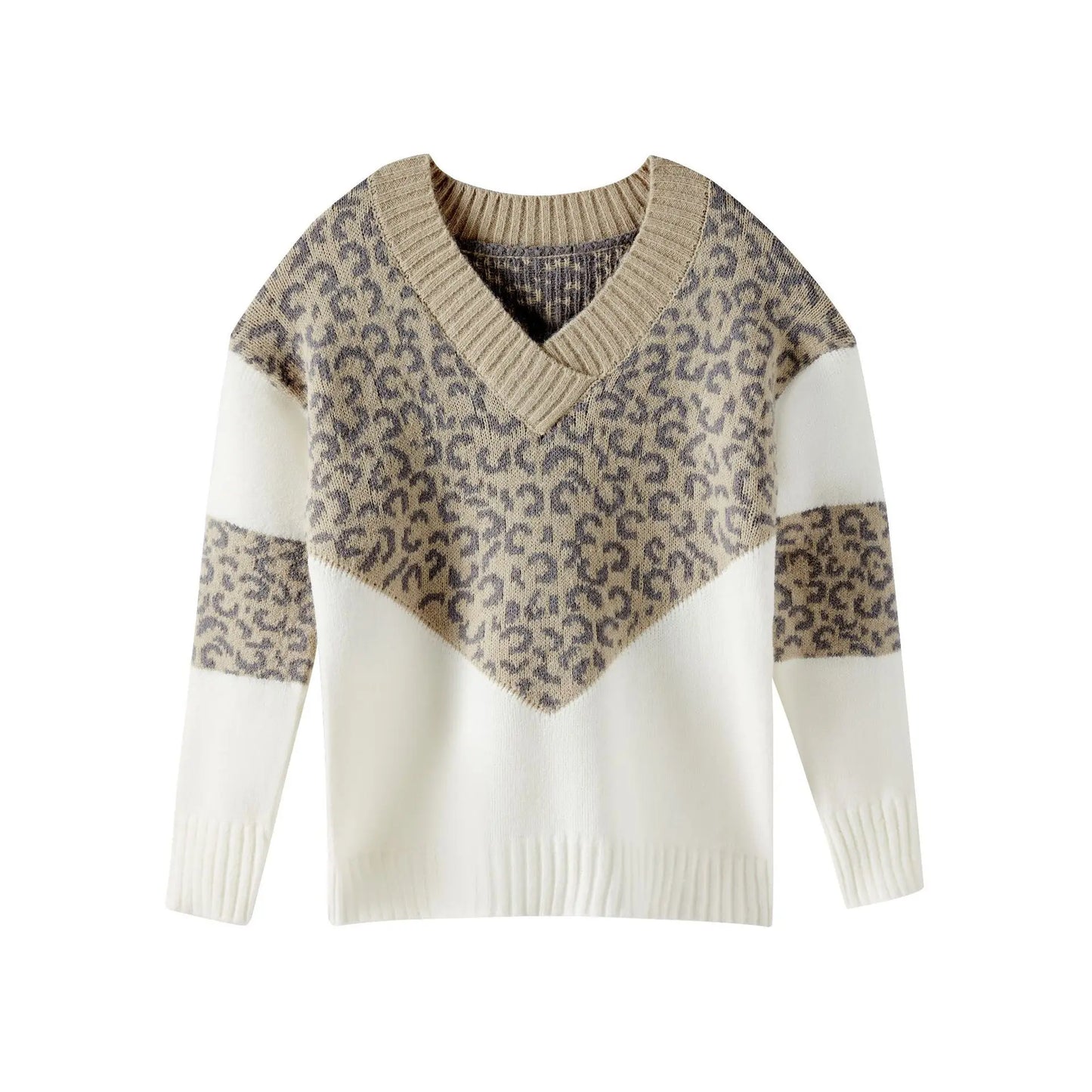 Maglione leopardato donna scollo a V in maglia leggera – Pullover loose / over fit per autunno/inverno con stampa animale