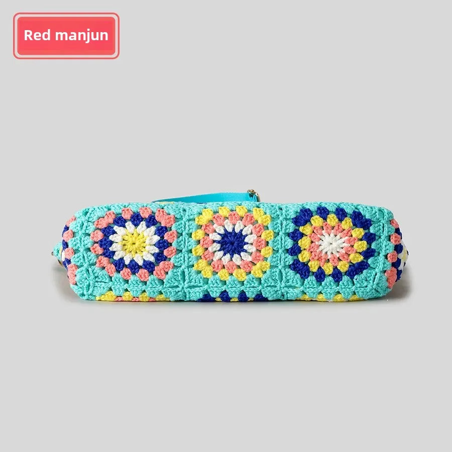 Borsa a tracolla in cotone uncinetto traforato – shoulder bag artigianale floreale con zip, stile boho