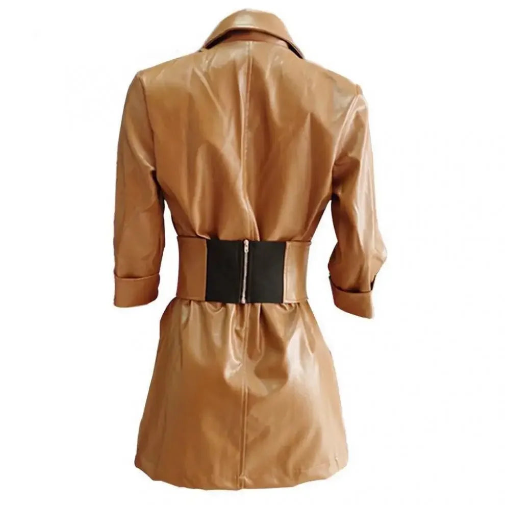 Cappotto in PU leather da donna 2025 – giacca long con cintura, stile elegante per autunno/inverno