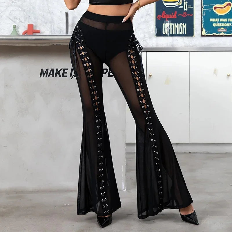 Pantaloni Donna in Pizzo Flare – Vita Alta Sexy con Design Cut-Out