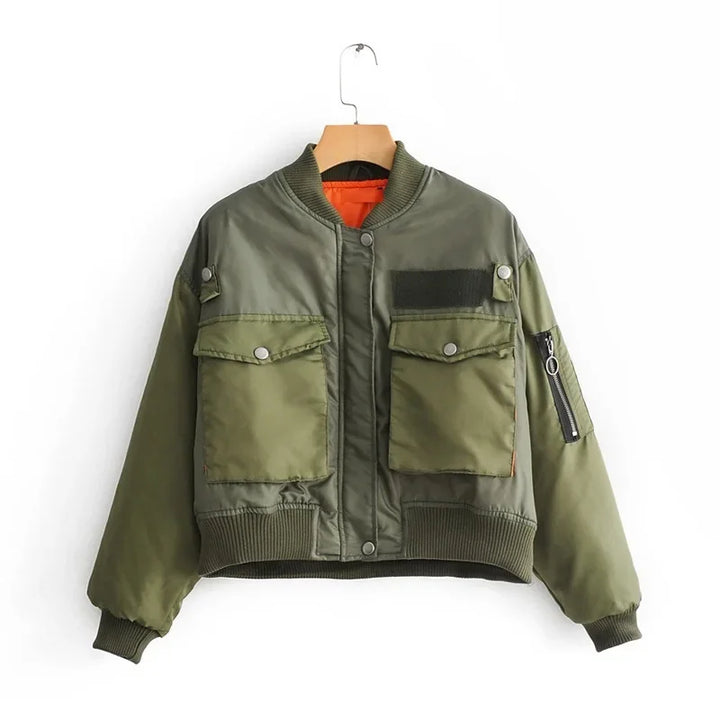 Giacca pilot bomber da donna imbottita – stile militare verde army, antivento e leggera per primavera/autunno