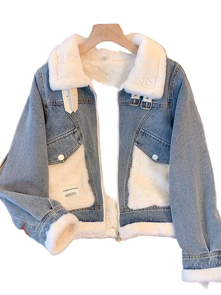 Giacca denim imbottita con pile fissato – giubbotto baggy da donna con colletto alto e interno caldo