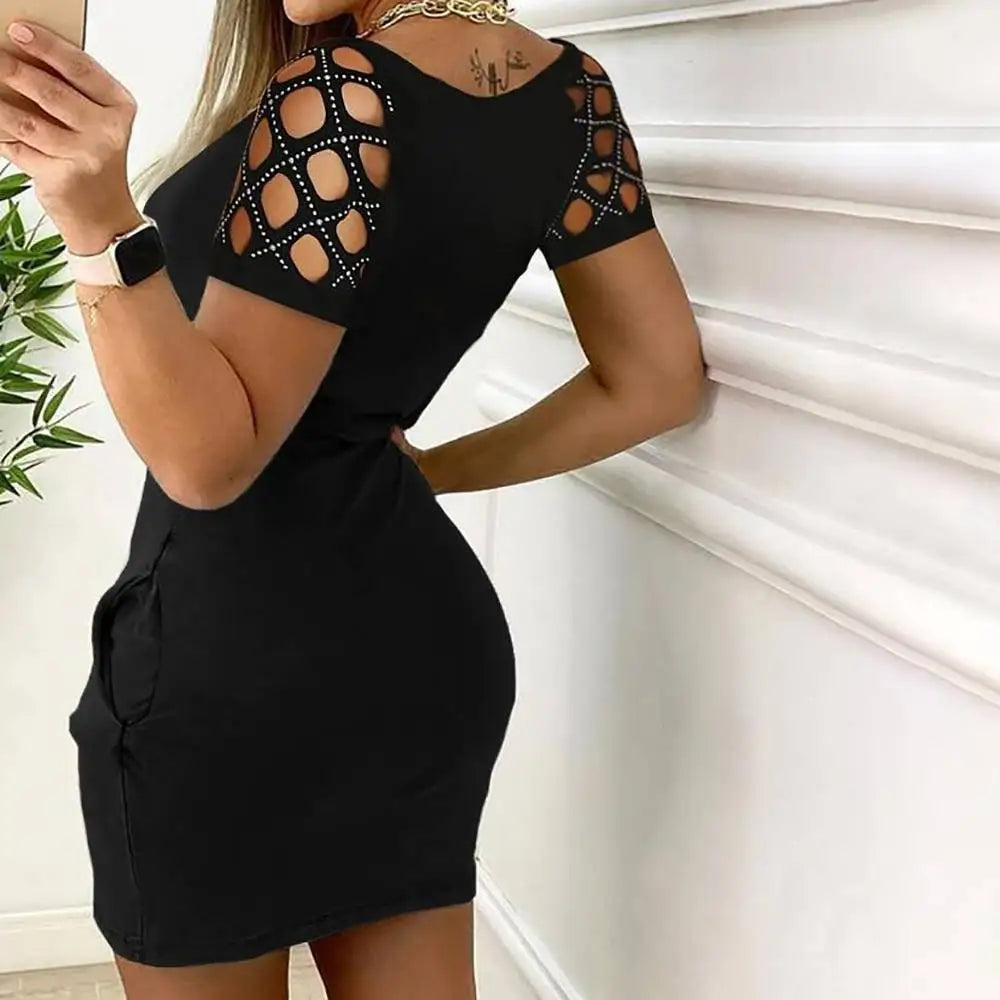 Mini Dress Bodycon Paillettes Donna – O‑Neck, Maniche Corte, Estate 2025