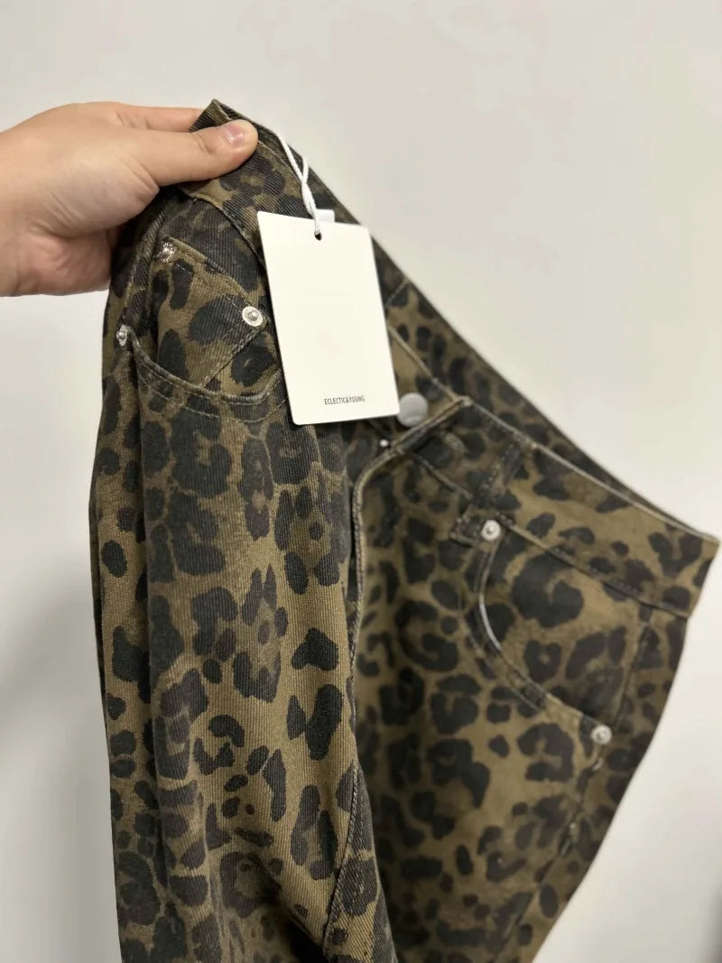 Jeans baggy vita alta leopardato donna – pantaloni oversize Y2K da strada con tasche casual