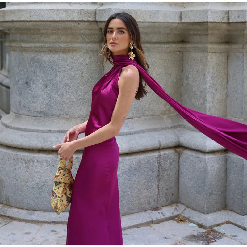 Abito da sera in raso con fiocco per donna – abito elegante schiena scoperta