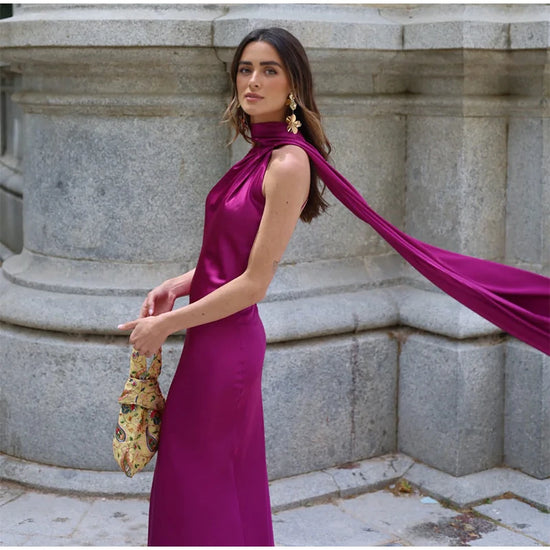 Abito da sera in raso con fiocco per donna – abito elegante schiena scoperta