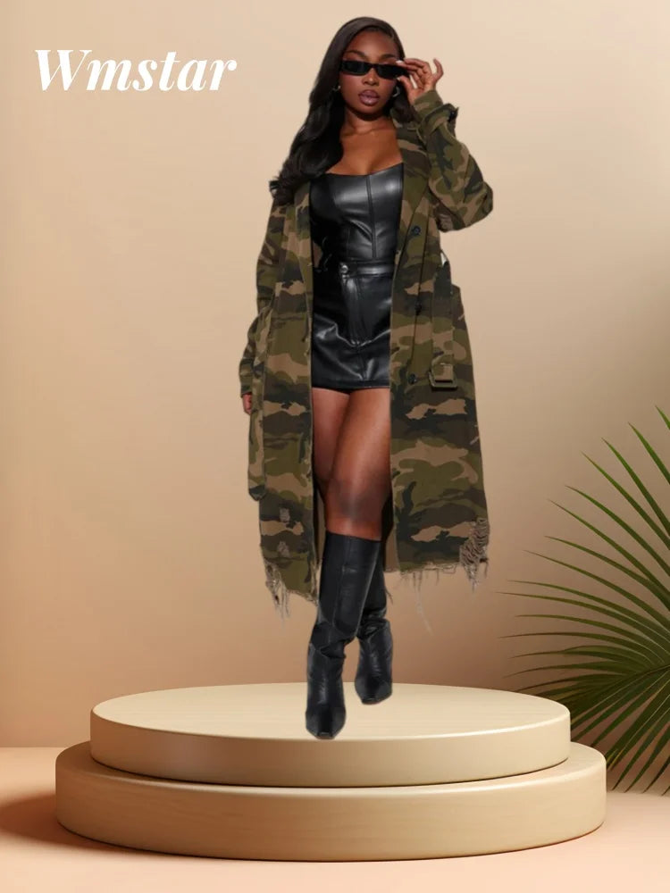 Trench camouflage oversize da donna | stile streetwear, lungo e ripped – taglie S-2XL