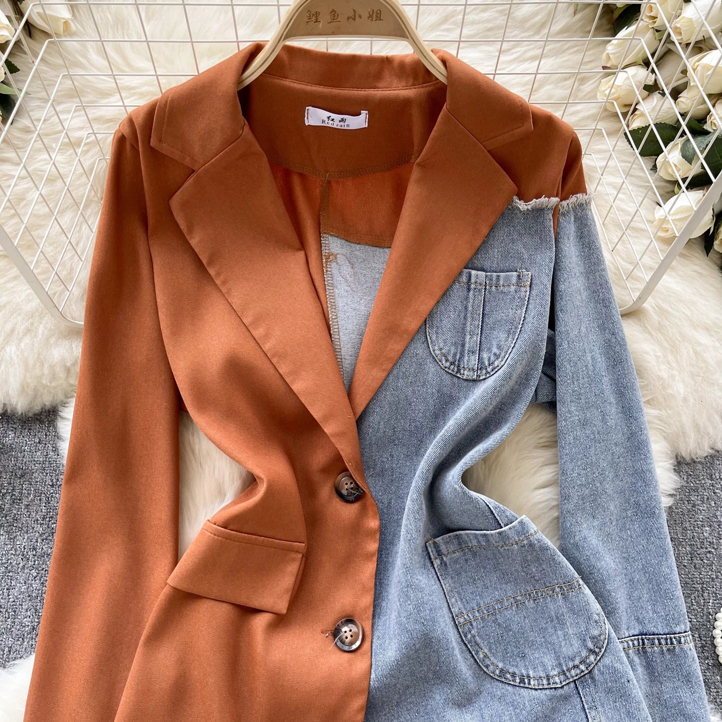 Giacca patchwork in denim con rever 2025 – blazer overshirt donna doppio bottone, vita slim, stile commuter