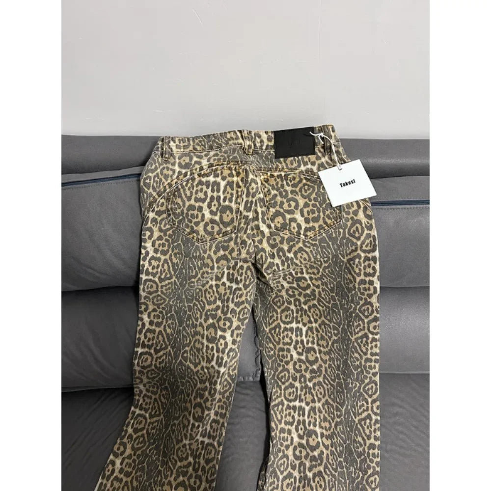 Jeans baggy vita alta leopardato donna – pantaloni oversize Y2K da strada con tasche casual