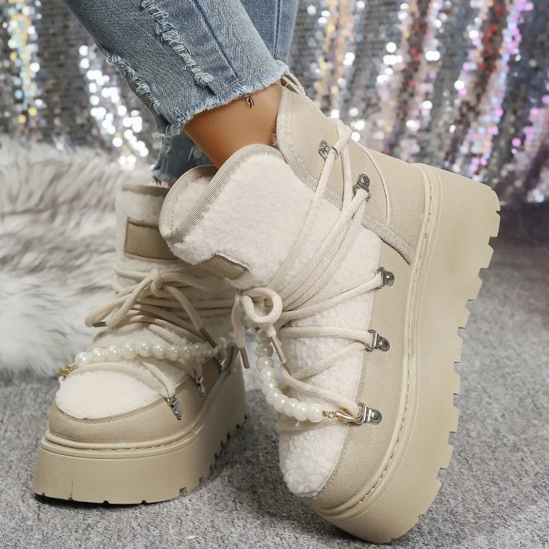 Stivali da neve donna invernali pelliccia – short boots imbottiti lamb-fur, punta tonda, stile retrò per città e montagna