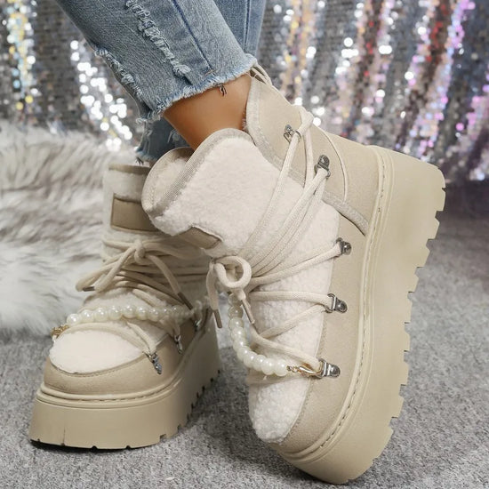 Stivali da neve donna invernali pelliccia – short boots imbottiti lamb-fur, punta tonda, stile retrò per città e montagna