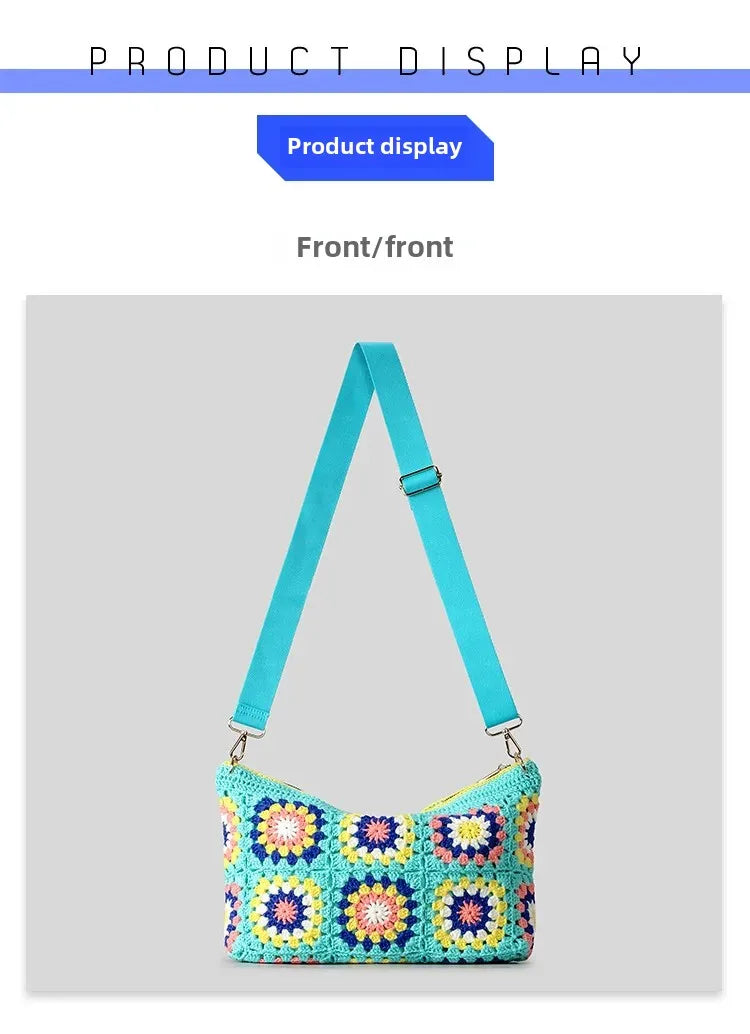 Borsa a tracolla in cotone uncinetto traforato – shoulder bag artigianale floreale con zip, stile boho