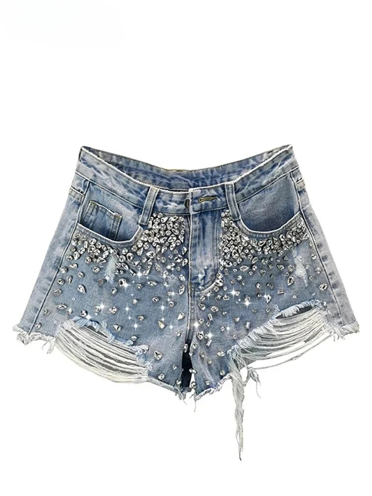 Shorts jeans donna Y2K vita alta con strass e frange – Primavera 2025