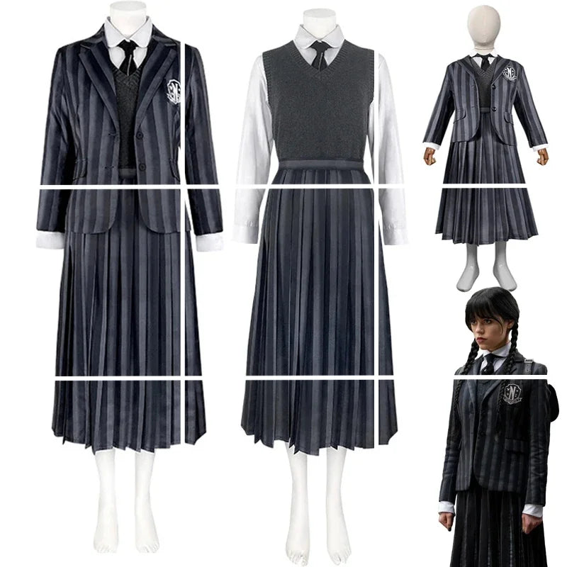 Costume università Mercoledi Addams 2025 – uniforme scolastica cosplay con giacca, gilet, gonna, perfetto per Halloween/adulti e bambini