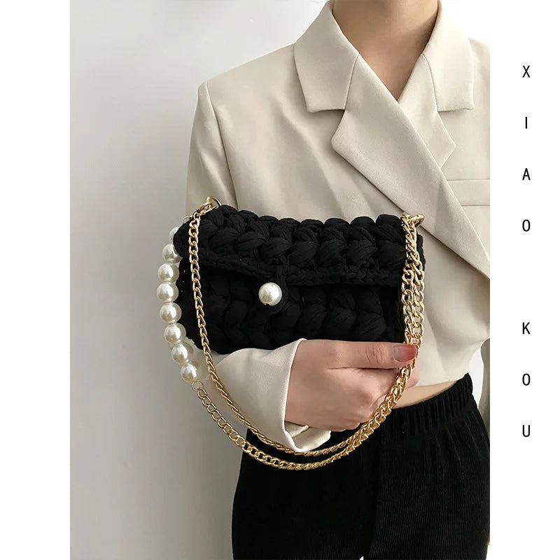 Borsa Donna Crochet a Spalla Uncinetto con Perle e Catena – Design Crossbody
