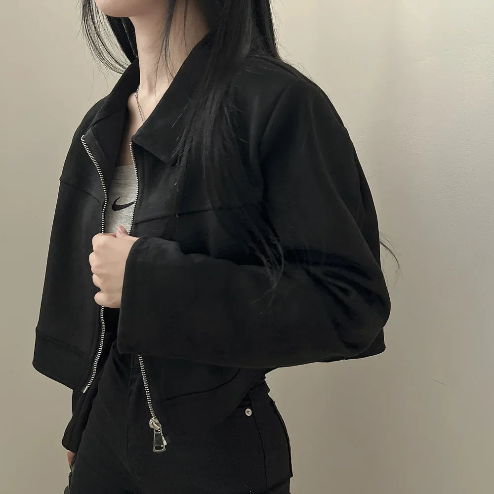 Giacca in pelle donna stile vintage – Giubbotto corto con zip, collo alla coreana, taglio slim fit, versatile e alla moda