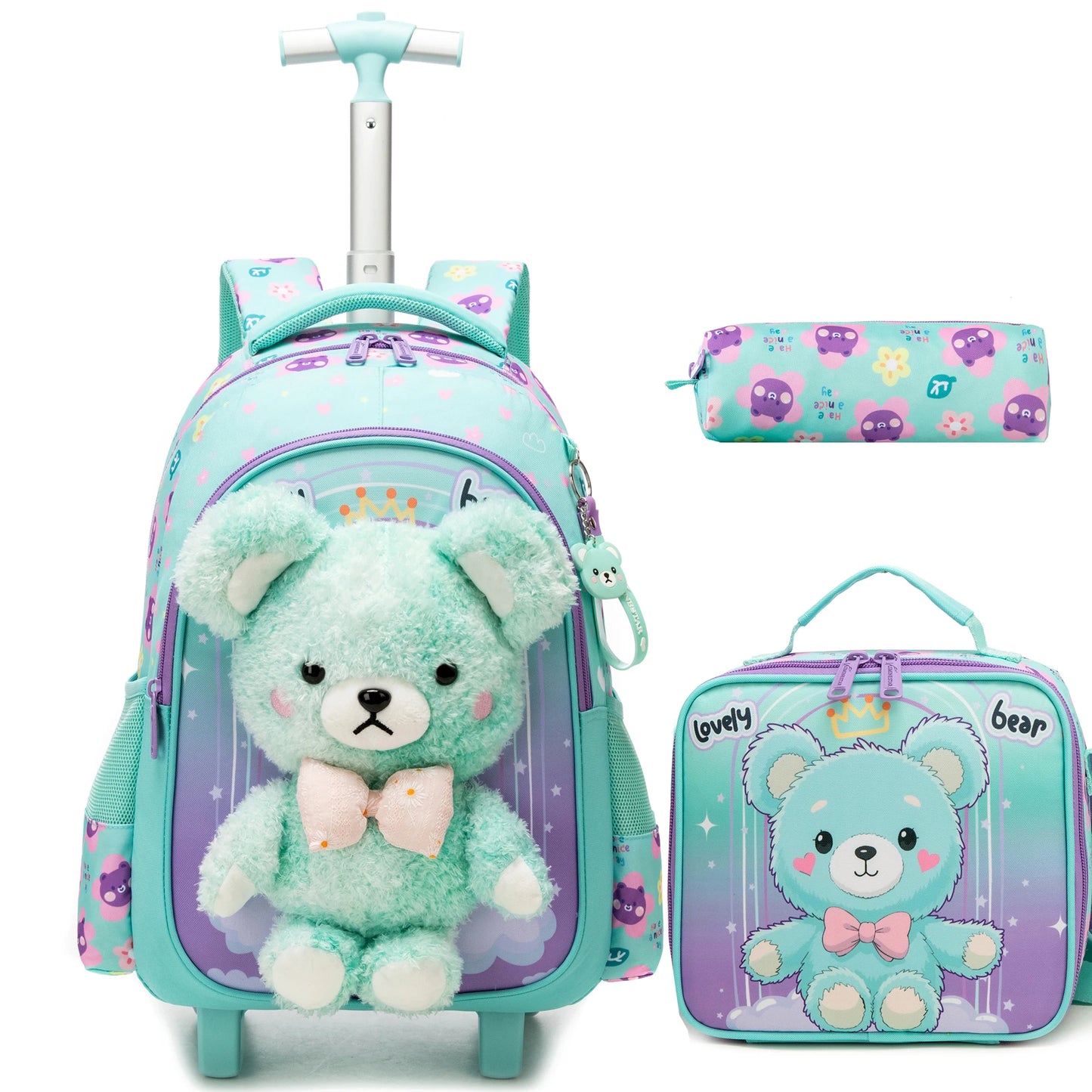 Girls 3D Plush Cat Rolling Backpack 3PCS Set - Waterproof Trolley School Bag with Wheels, Insulated Lunch Bag and Pencil Pouch -