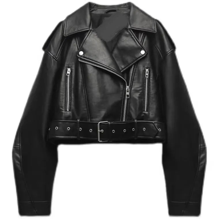 Giacca oversize in ecopelle da donna con cintura – bomber biker vintage streetwear