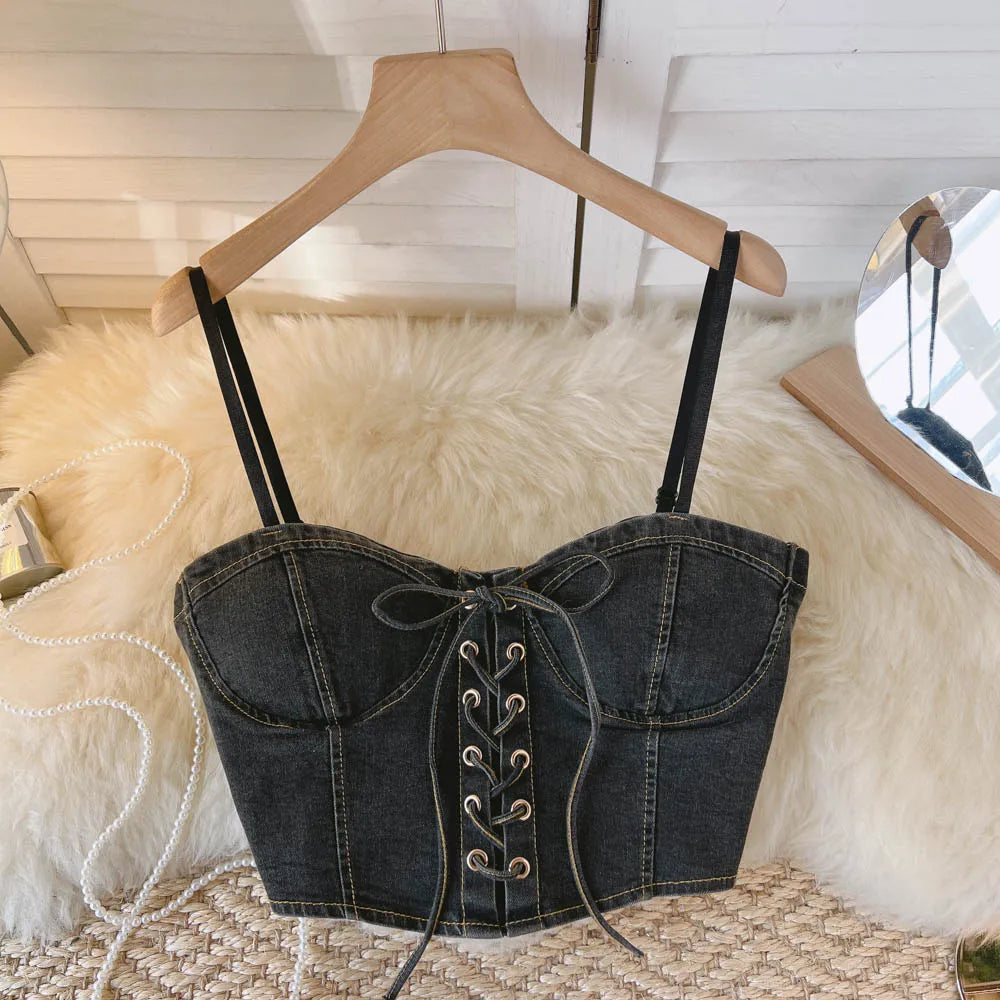 Top Denim Corsetto con Reggiseno Integrato – Crop Top Donna