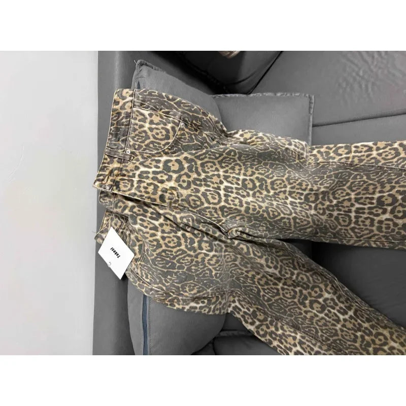 Jeans baggy vita alta leopardato donna – pantaloni oversize Y2K da strada con tasche casual 2025