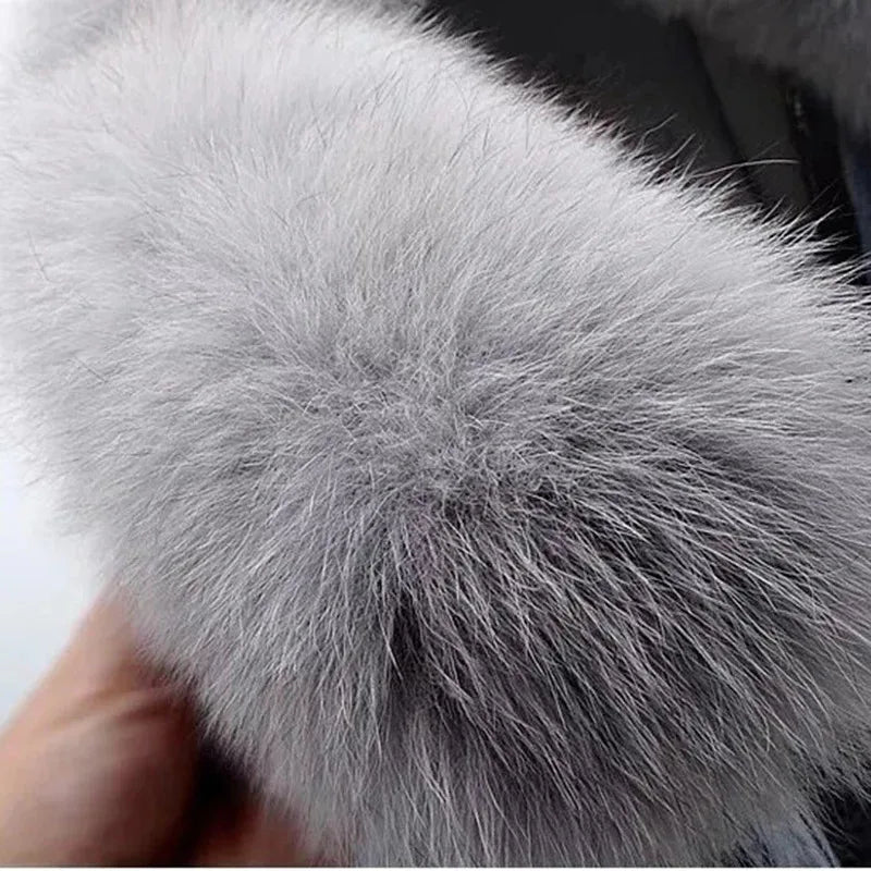 Giacca in denim con colletto in pelliccia di volpe sintetica per donna – Giacca corta imbottita con fodera in pelliccia di coniglio, per l'inverno