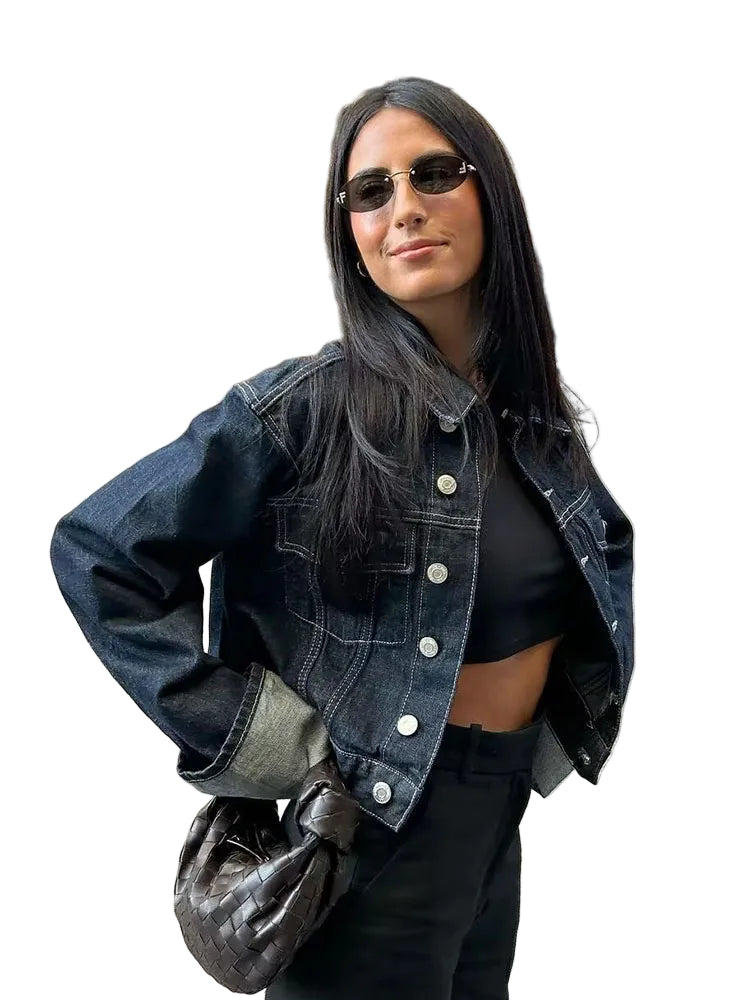 Giacca denim donna vintage 2025 – trench single-breasted con rever a collo, tasche & manica lunga blu scuro