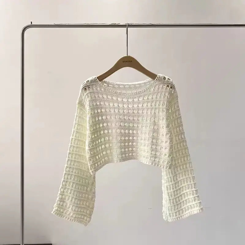Top a manica lunga in maglia crochet donna –  boho chic trasparente