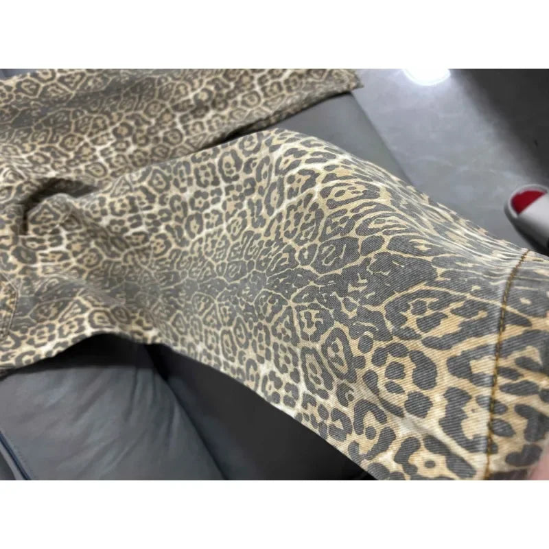 Jeans baggy vita alta leopardato donna – pantaloni oversize Y2K da strada con tasche casual