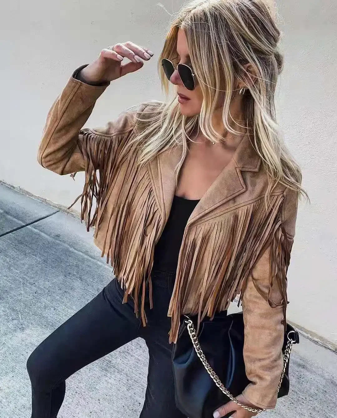Giacca in pelle scamosciata con frange per donna – Giacca corta con colletto e maniche lunghe