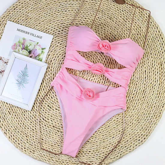 Bikini sexy 2025 con fiori 3D e taglio brasiliano a vita alta