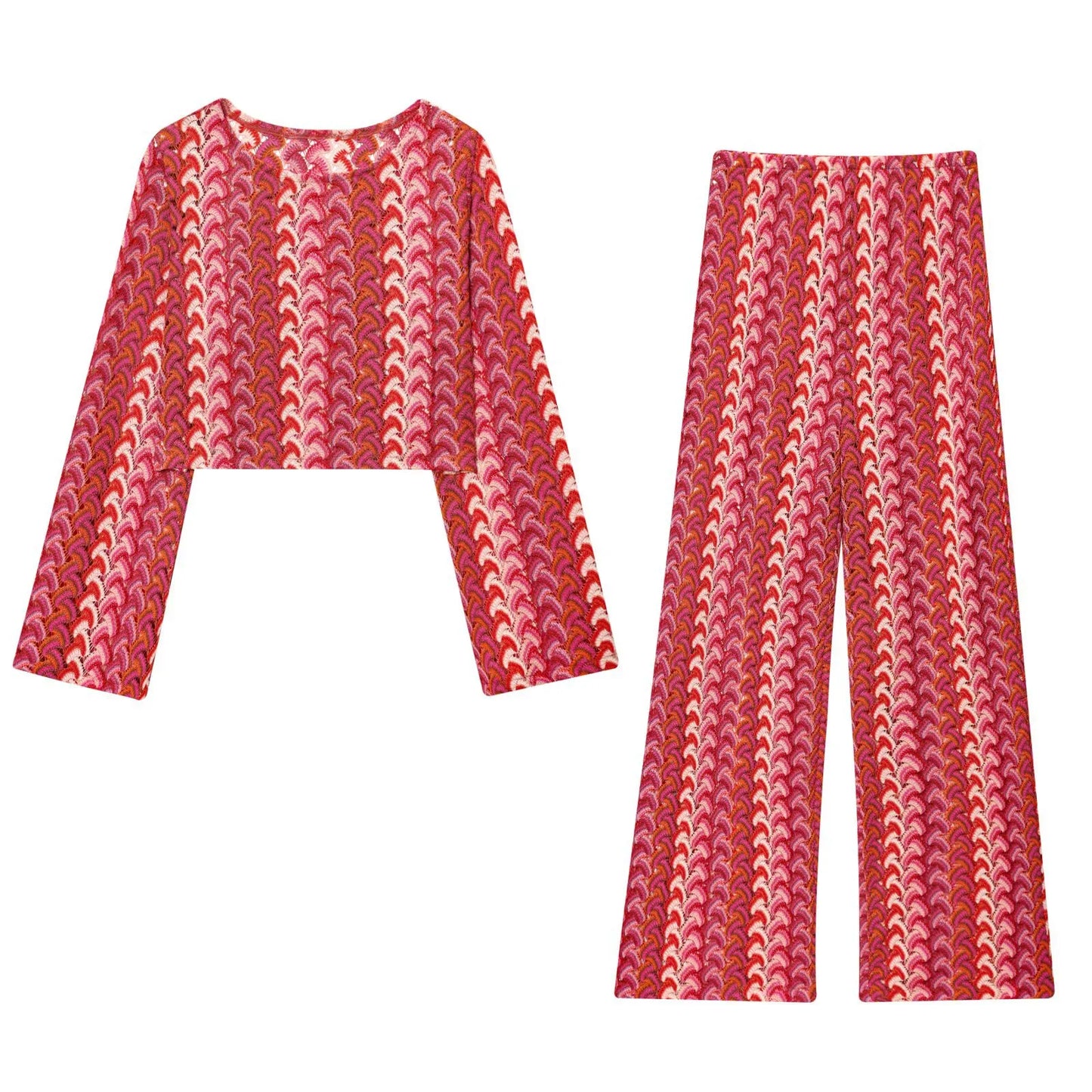 Coordinato donna in maglia crochet – top corto girocollo e pantaloni dritti vita alta