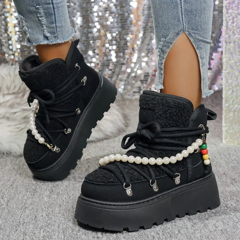 Stivali da neve donna invernali pelliccia – short boots imbottiti lamb-fur, punta tonda, stile retrò per città e montagna