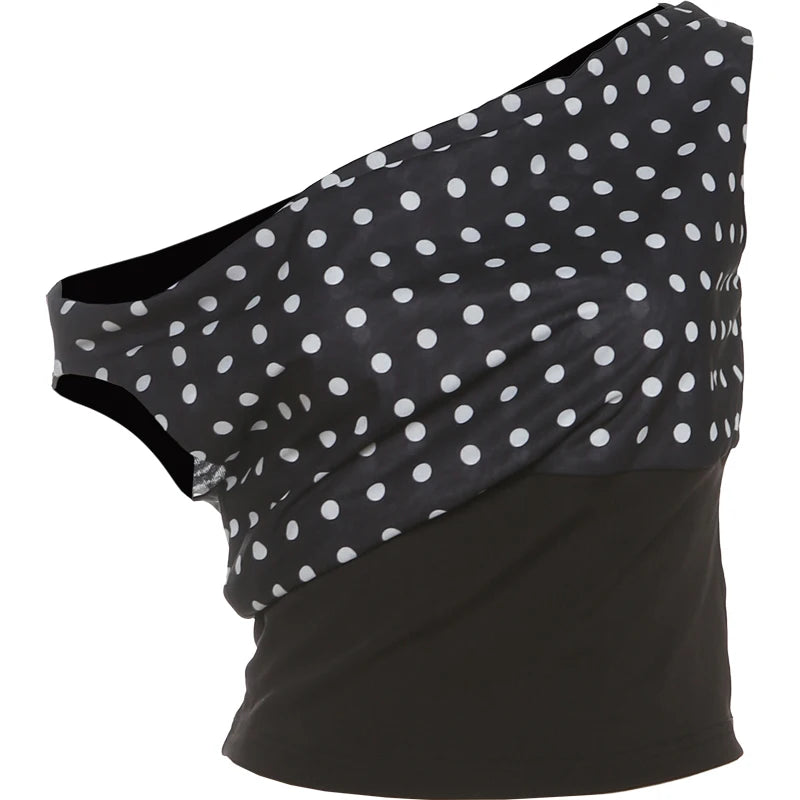 Weird Puss Polka Dots Print T-Shirts Women Summer Trend Skew Collar Off Shoulder Backless Street Fashion Trend Ruched Crop Tops