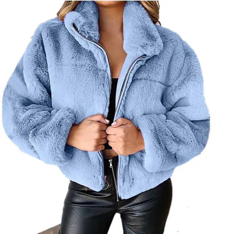 Cappotto corto donna in peluche oversize 2025 – cardigan faux fur con zip, caldo inverno cosy & fashion