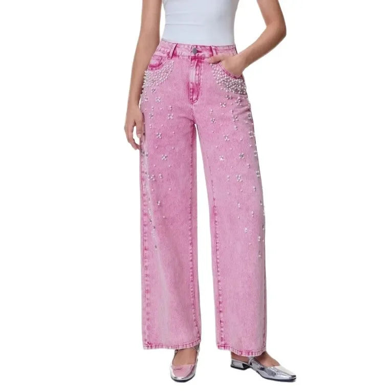Jeans vita alta donna 2025 – denim lavaggio washed, gamba dritta con applicazioni in perle, stile trendy casual