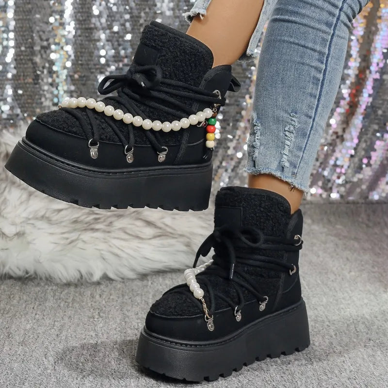 Stivali da neve donna invernali pelliccia – short boots imbottiti lamb-fur, punta tonda, stile retrò per città e montagna