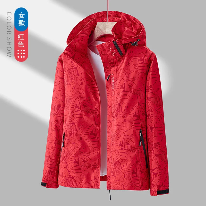 Giacca running donna con stampa foglia, cappuccio staccabile – antivento, waterproof e versatile per hiking